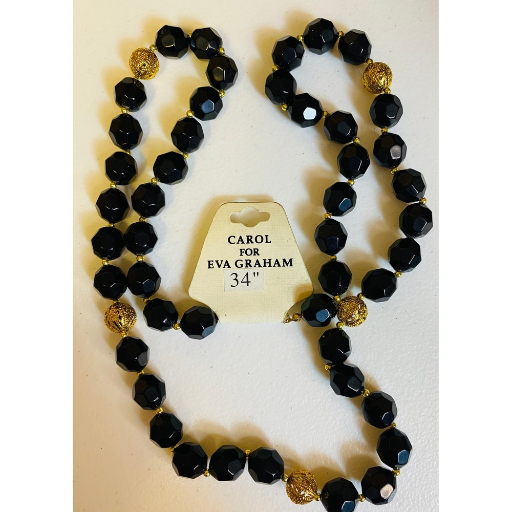 Carol for Eva Graham Black Faceted Beaded Necklace Gold Filigree Accents 34 Inch